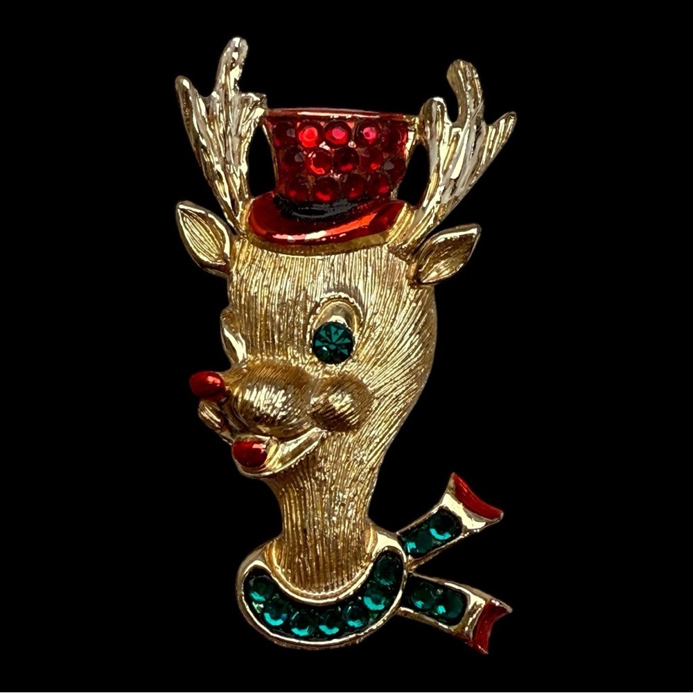 Vintage Weiss Christmas Rudolph Top Hat Reindeer Figural Brooch Pin Gold Tone